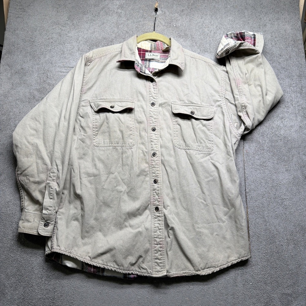LL Bean Flannel Lined Button Up Shirt Jacket Beige Womens Large Made in USA